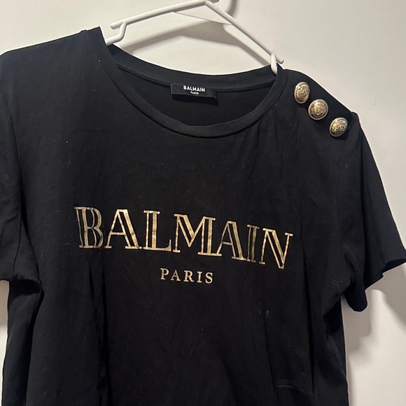 Balmain Black Tee with Gold Button Detail - Picture 2 of 3